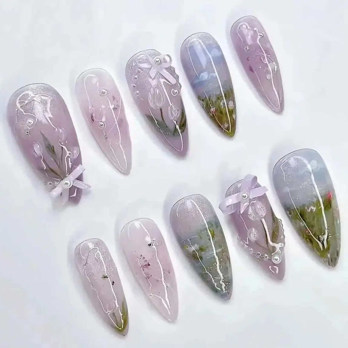 Oil Painting Water Lily Pearl Bowknot False Nails Purple Halo Dyeing Detachable Finished Fake Nails Press on Nails with Glue