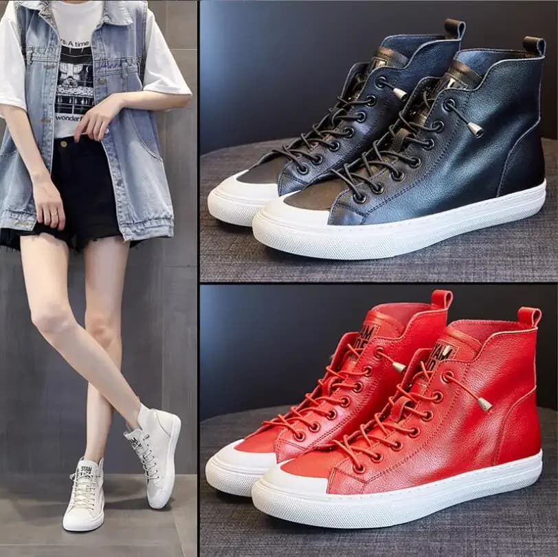 NEW High Quality Cowhide Leather Shoes Woman Shoes Casual Sneaker Trend Boots Flat Fashion Shoes Black White Red Boots
