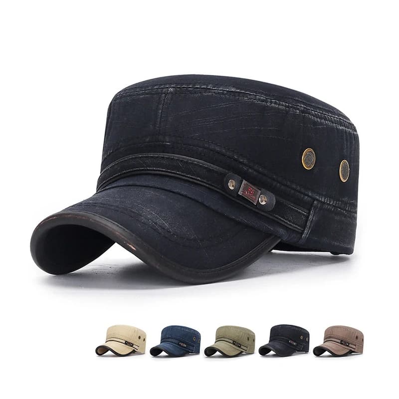 Classic Vintage Washed cotton Military Caps Flat Top Mens Adjustable Fitted Thicker Cap Winter Warm Hat sunshade ear caps