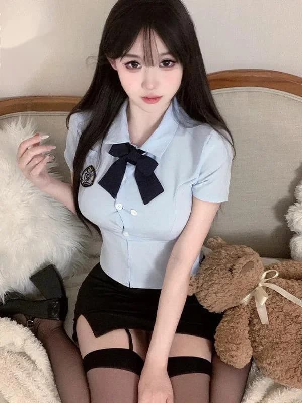 Sexy Female Professional Preppy Style Student Uniform Turn-down Collar Short Sleeve Tight Wrap The Buttocks Short Skirt Set TBQU