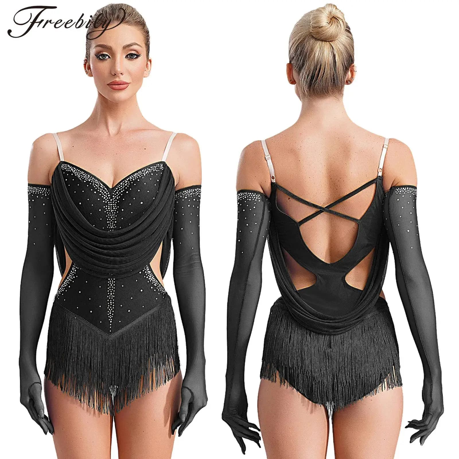 Women Latin Dance Dress Figure Skating Cha-cha Samba Tango Ballroom Costume Sleeveless Rhinestones Tassel Bodysuit with Gloves