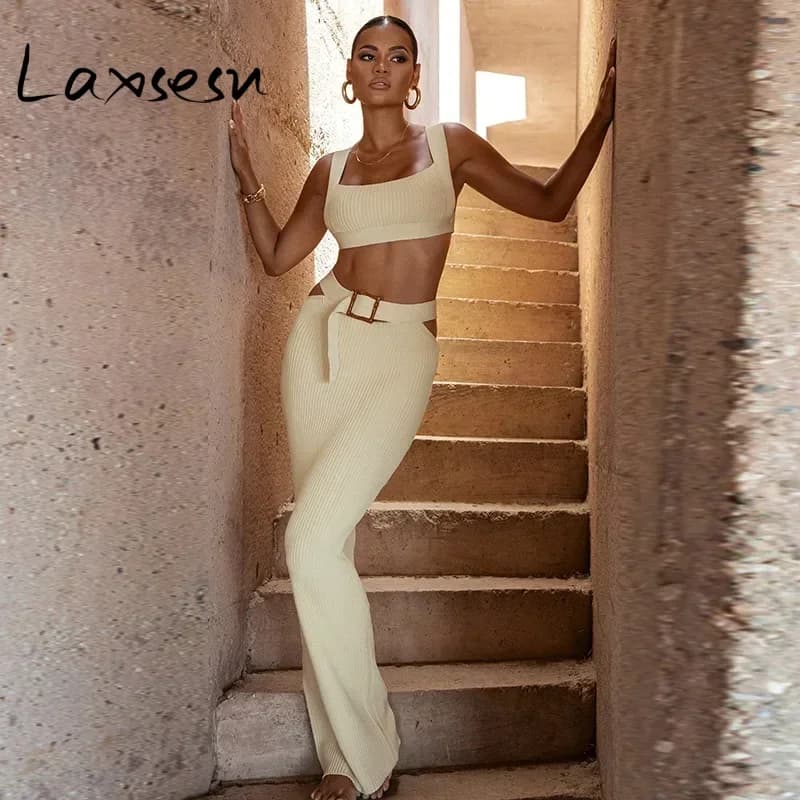 Laxsesu Knit Ribbed Women Cutout Waist Midi Maxi Long Skirt Suit and Tank Top 2024 Street Matching Two 2 Piece Dress Set Outfits