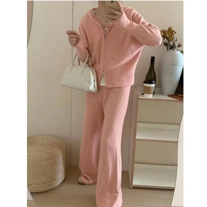 Pink Loungewear Women Knitted Pants Pijamas Autumn Zip Up Sweater Hoodie Pants 2 Piece Pjs Home Suit Tracksuit Winter Outfits