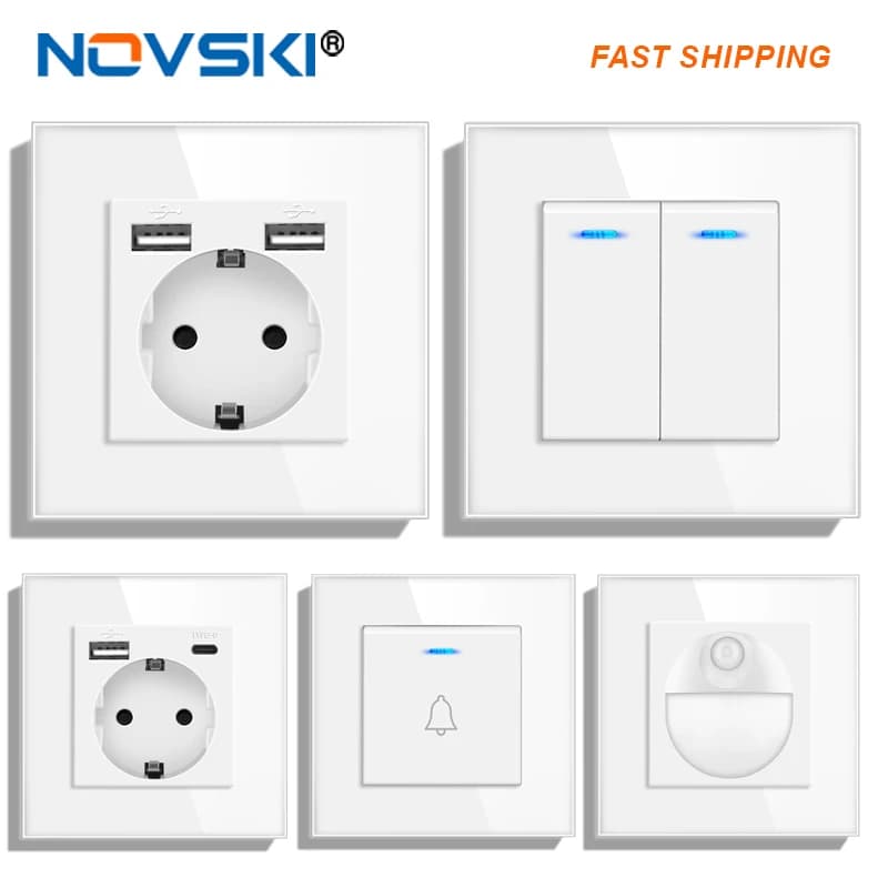 NOVSKI EU standard USB plug, 16a power socket, German power panel, four USB interfaces, dual frame 4 USB wall socket