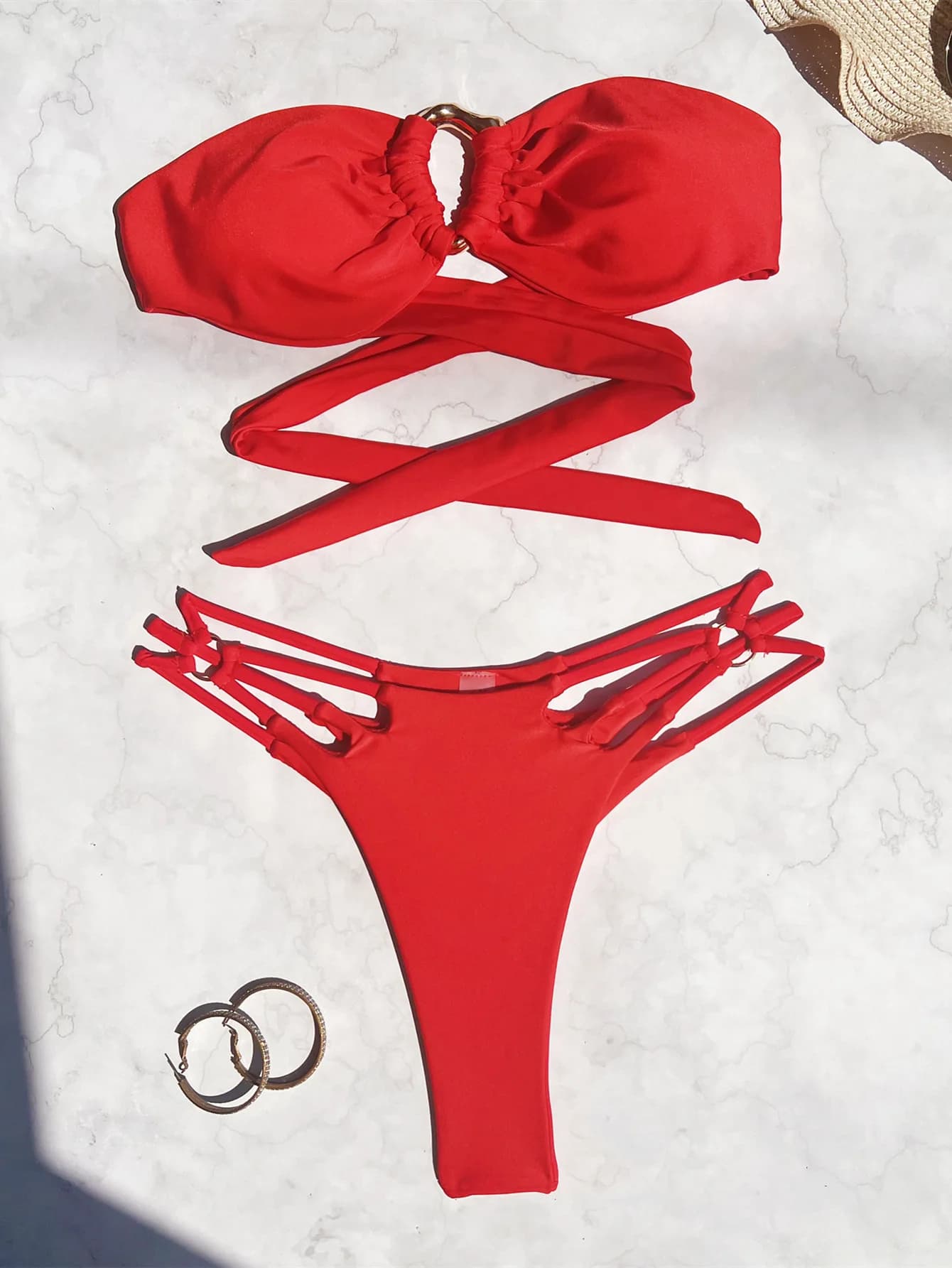 sexy solid red bandeau bikinis sets two pieces ring tie high waist padded bathing suit beach wear women thong bikini swimsuits