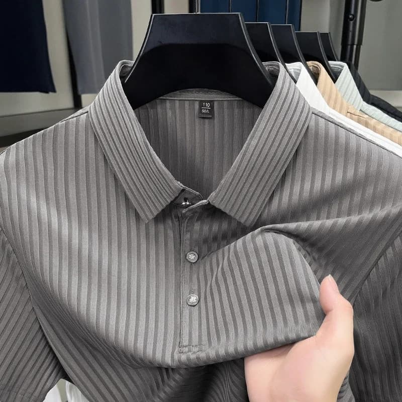 2025 New Men's Casual Fashion Striped Short Sleeved Collar Polo Shirt Breathable and Comfortable Summer Versatile T-shirt