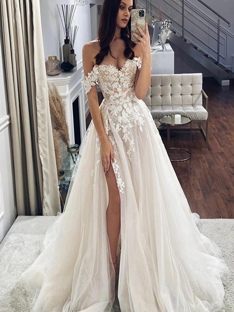 Lace Wedding Dresses  Off The Shoulder Sweetheart Neck Bridal Gowns Side Split Vintage Appliques Vestido de novia