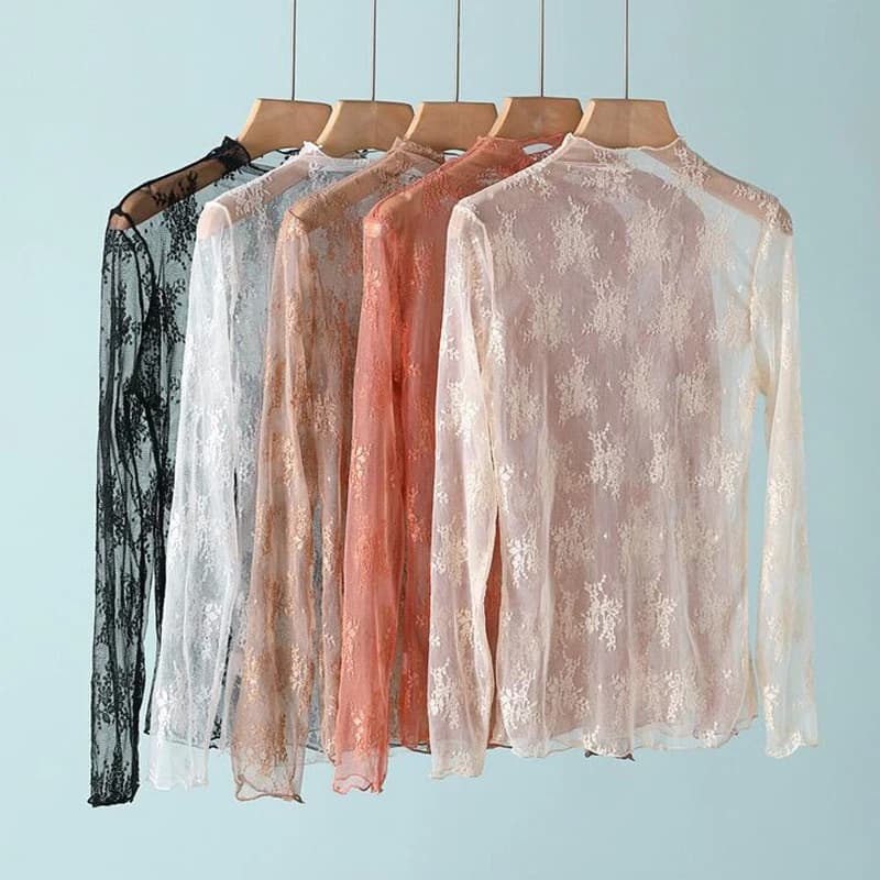 Sexy Women's Half High Collar Lace Bottomed Blouse T-shirt Lace Long Sleeve See Through Mesh O-Neck Sheer Tees Body Crop Top