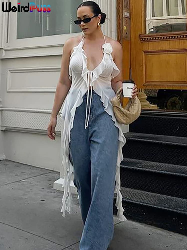 Weird Puss Ruffles Flowers Tank Tops Women Mesh Summer Sexy Deep V-Neck Irregular Tassel Halter Backless Camisole Wild Street