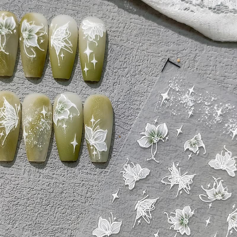 Green White Butterfly Flower Stars 5D Soft Embossed Reliefs Self Adhesive Nail Art Stickers Pretty 3D Manicure Decals Wholesale
