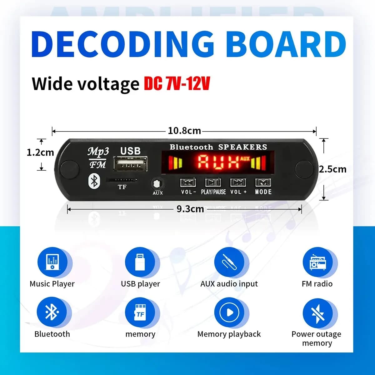 Bluetooth 5.0 DC 9V 12V MP3 Decoder Board Wireless Car MP3 Player USB Handsfree Recording Module TF FM Radio Power Off Memory