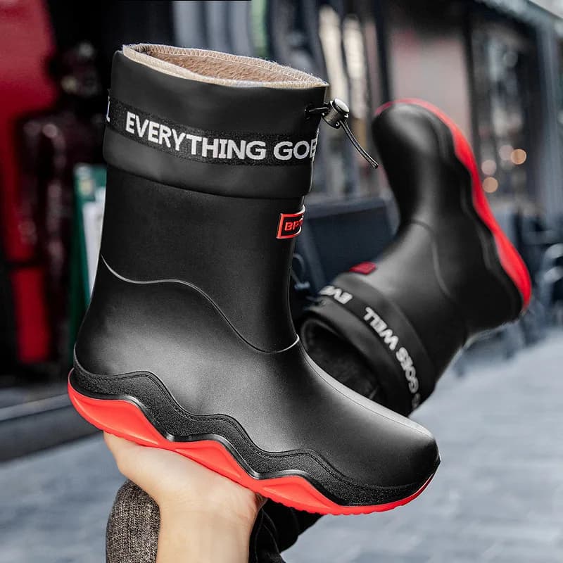 Mid-tube Men's Non-slip Waterproof Shoes Fashionable Outdoor High-top Water Boots Warm Fixed Velvet Four-season Rubber Shoes New