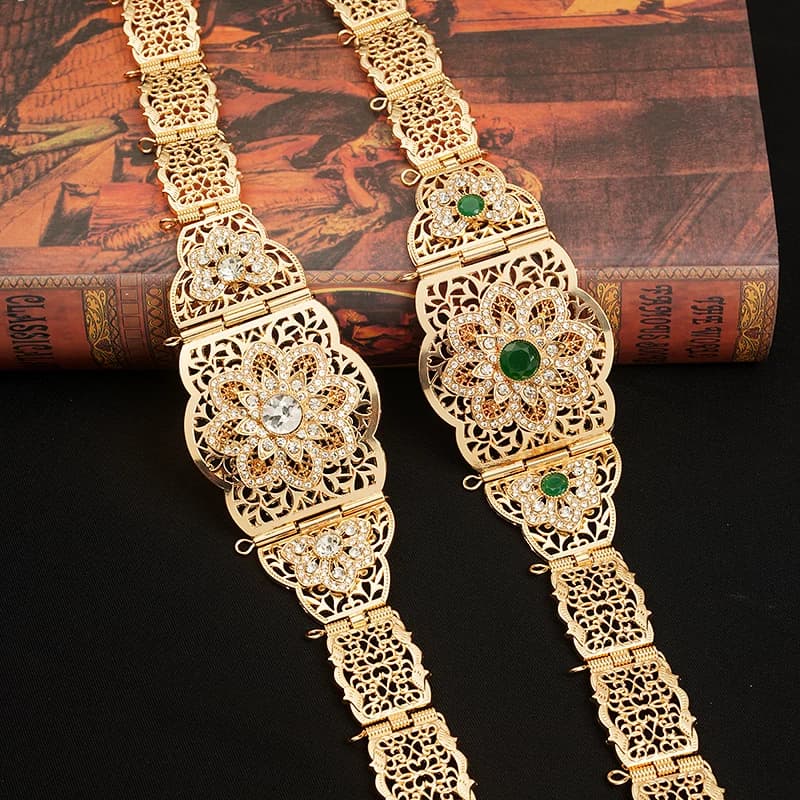 Moroccan Chic Caftan Belt Gold Color Red Green Stone Algeria Wedding Dress Kaftan Abaya Arab Waist Chain Belt Jewelry
