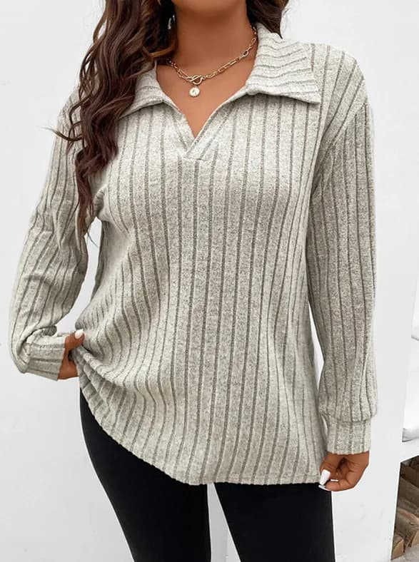 New Plus Size Women's Solid Color Top with V-shaped Lapel Pit Stripe Brushed Long Sleeved T-shirt