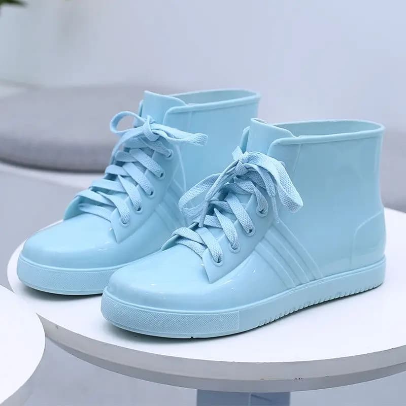 Fashion Lace Up Rainshoes Womens Light Blue Rain Boots Woman Oxfords Style Water Shoes Girls PVC Ankle Rainboots Green Galoshes
