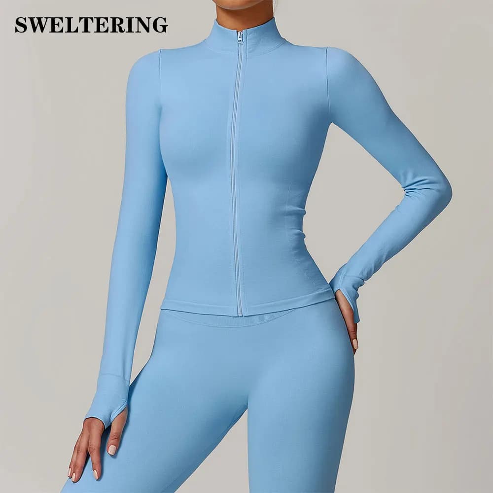Zipper Jacket Women Crop Top Seamless Yoga T-shirts Solid Sports Top Long Sleeve Running Shirts Quick Dry Fitness Gym Sport Wear