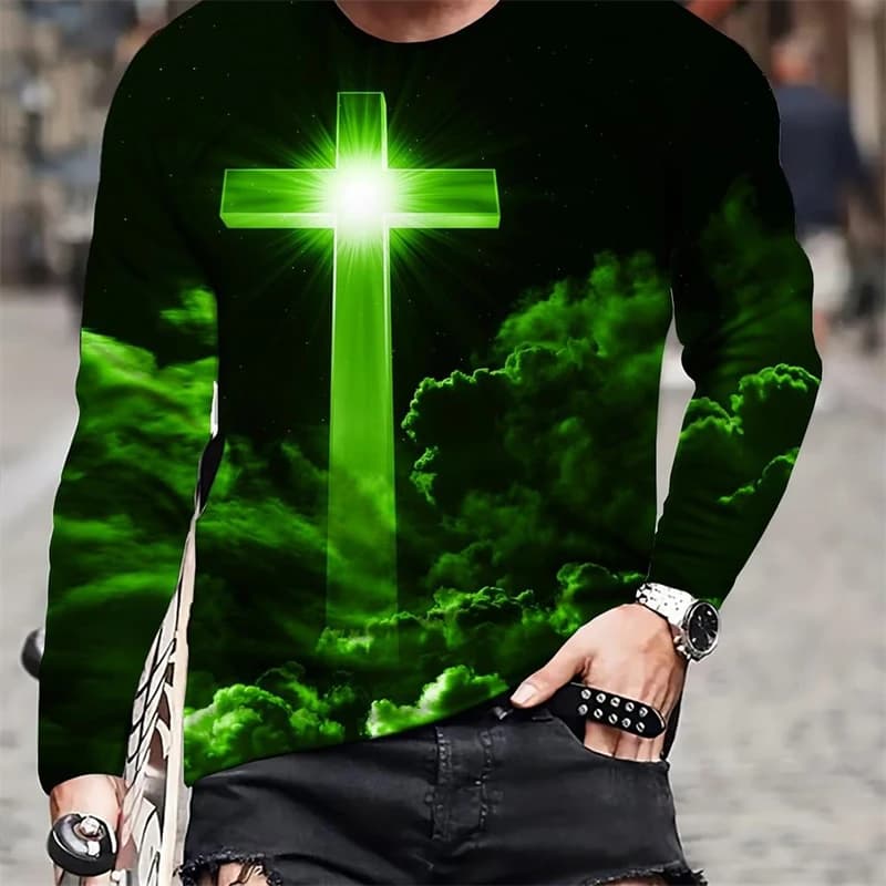 Trend Jesus Cross Pattern T Shirt For Men Fashion Casual Mens 3D Printed Long Sleeve Pullovers Loose Streetwear Cool Tees Tops