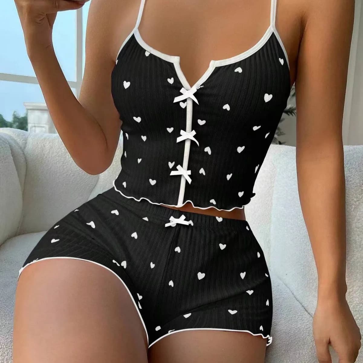 Sexy Sleepwear Women Pajamas Set Heart Print Silk Stain V-Neck Sleeveless Casual Cami Top and Shorts Sets Home Suit Loungewear