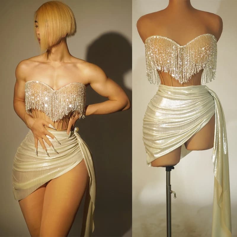 Flashing Fringed Rhinestones Chain Dress Sexy Pole Dance Gogo Costume Women Dj Ds Festival Outfit Stage Rave Clubwear XS7829