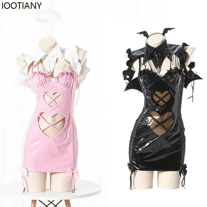 Halloween Night Black White Angel Cosplay Costume Love Hollow Leather Devil Wings Dress Carnival Party Masquerade Stage Dress Up