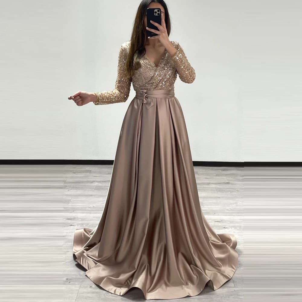 Customized Robe De Soirée Custom Made Long Sleeves A-Line Sequined Evening Gown Satin Saudi Arabic Party Dress Prom Dresses