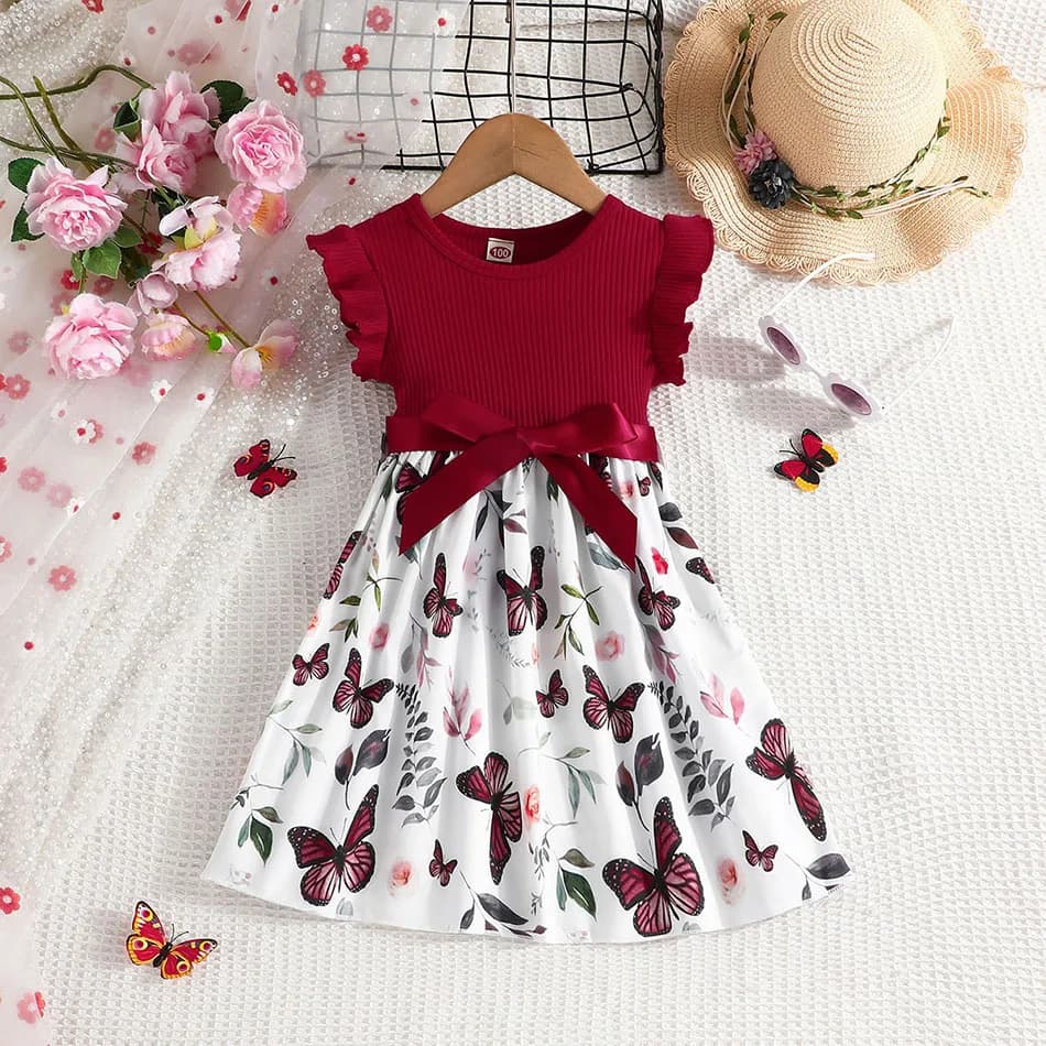 Girls Summer Fashion Butterfly Print Dress Pitted Stripe Top and Flutter Sleeves for Sweet and Stylish Look Girls Casual Dresses