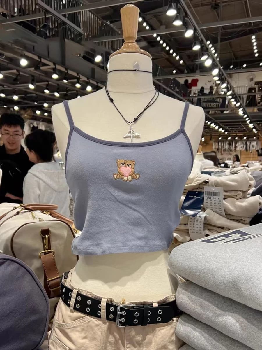 Little Bears Heart Embroidery Crop Tops For Women Y2k Clothes Soft Cotton Slim Cropped Vests Summer Vintage Sweet Cute Tank Tops