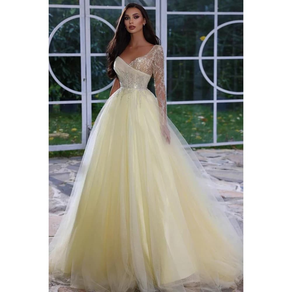 Classy Elegant Yellow Women Prom Dresses Sweetheart Full Sleeves Shiny A-Line Floor Length High End Smart Evening Party Gowns