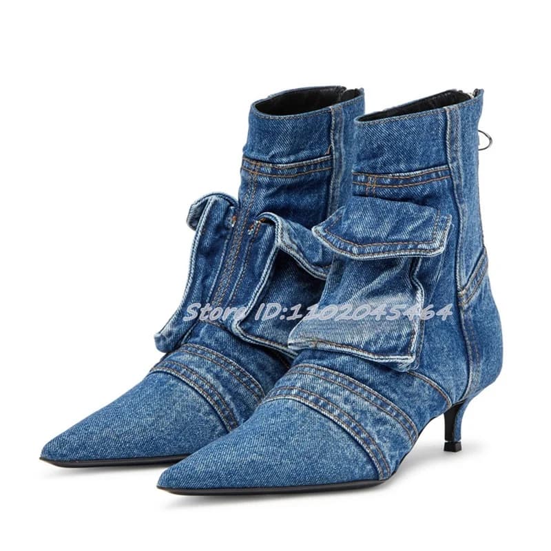 Black/Blue Denim Low Heels Ankle Boots Pointed Toe Pockets Zipper Sexy 2024 Winter New in Booties Luxury Designer Women's Shoes