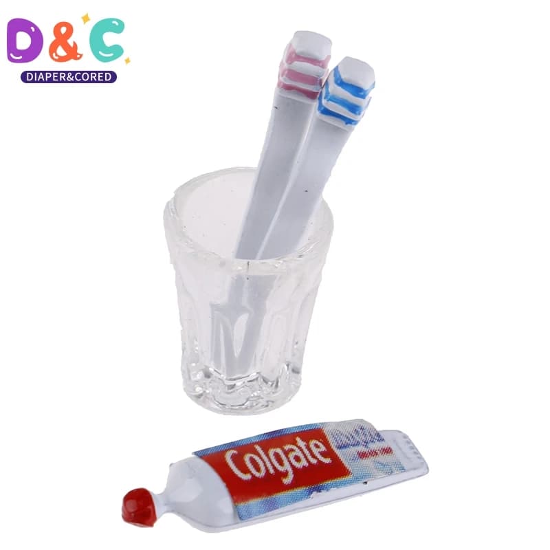 4Pcs/Set Dollhouse Miniature Cup Toothpaste Toothbrush Set Miniature Dollhouse Bathroom Scene Decor 1:6 1:12 Dollhouse Decor
