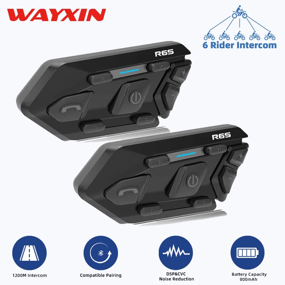 WAYXIN 6 Riders Helmet Headset Motorcycle Intercom Waterproof Bluetooth 5.0 DSP Noise Reduction Communication MP3 GPS 1200m R6s