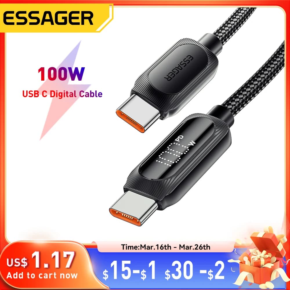 Essager USB Type C To USB C Cable 100W 5A PD Fast Charging  Wire Cord For Macbook Xiaomi Samsung Type-C Digital Display Cable 3Ｍ
