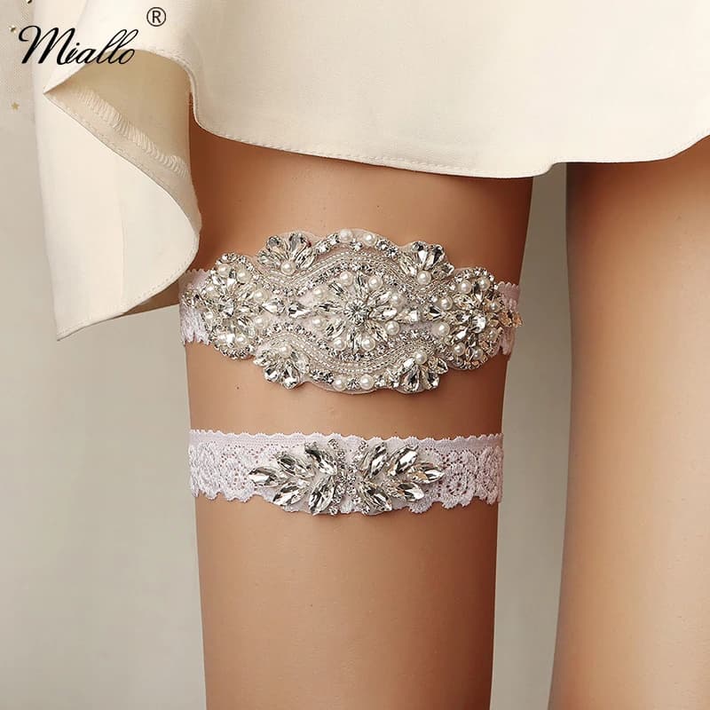 Miallo Bride Sexy Lace Flower Rhinestones Pearls Wedding Garter Belt  Bridal Thigh Leg Garter Ring For Women