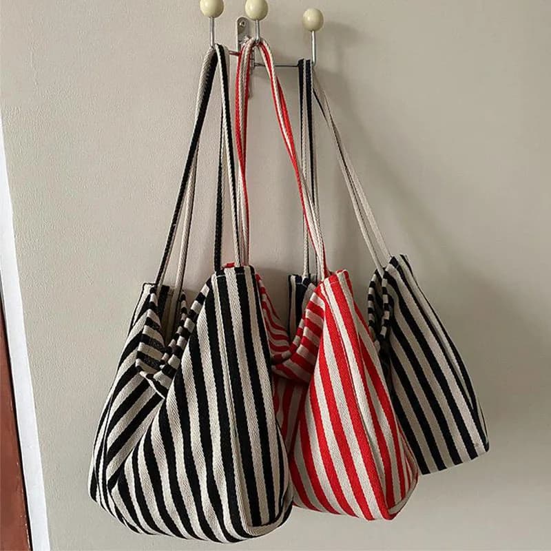 Large Capacity Canvas Women Shopper Tote Simple Striped Shoulder Bag Female Casual Multifunctional Travel Top-handle Handbag