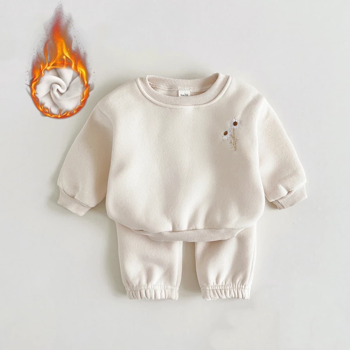 Winter Baby Girls Boys Clothes Thick Plush Minimalist Style Flowers Embroidery  Warm 2PCS Sweatshirt + Pant Kids Tracksuit