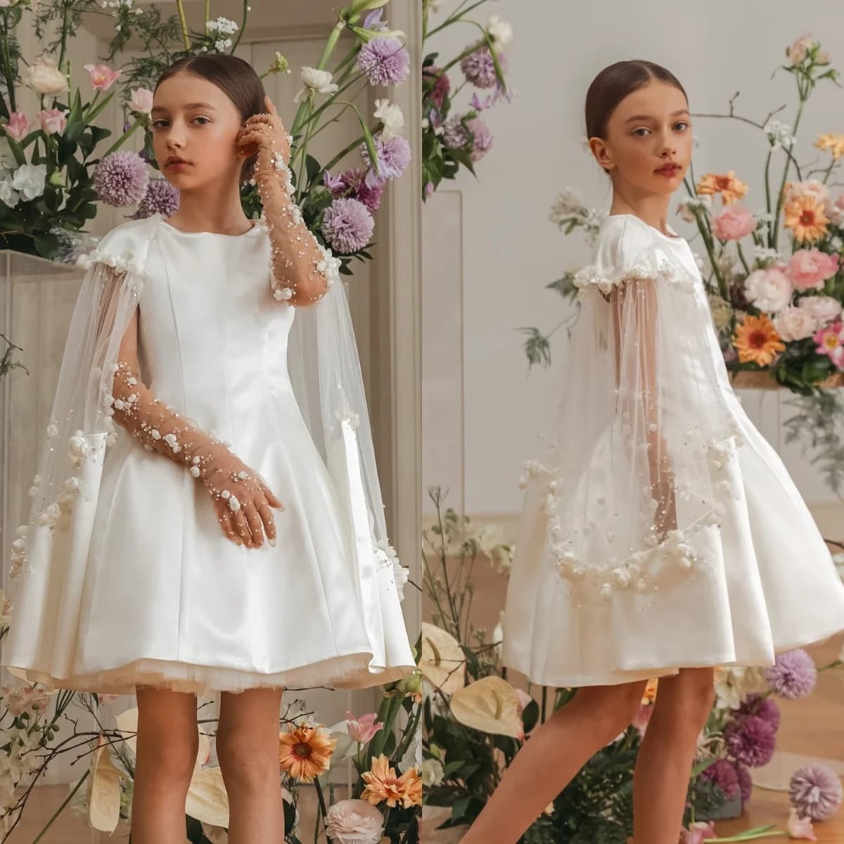 Short Flower Girl Dresses For Wedding Customized White Floral Baby Girl's Birthday Gowns With Cape First Communion Dress