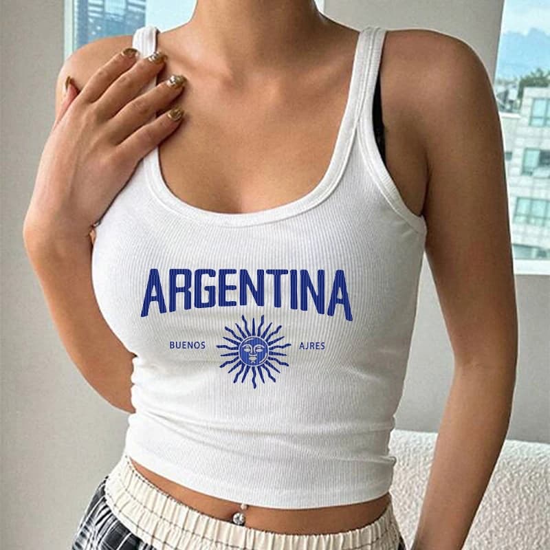 Aesthetic Harajuku Y2k Clothes Vintage Sleeveless Tank Top Argentina Summer Print Ribbed Knit Crop Top Slim Goth Chic Streetwear