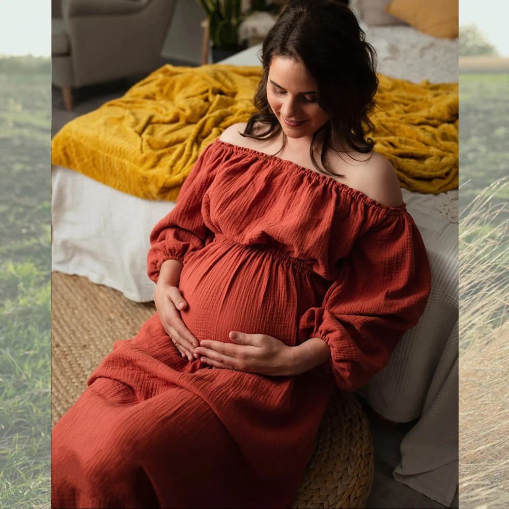 Maternity Photography Gown Comfort Bohemian Dress Boho Style Baby Shower Dress Linen Cotton One Shoulder For Pregnant Women