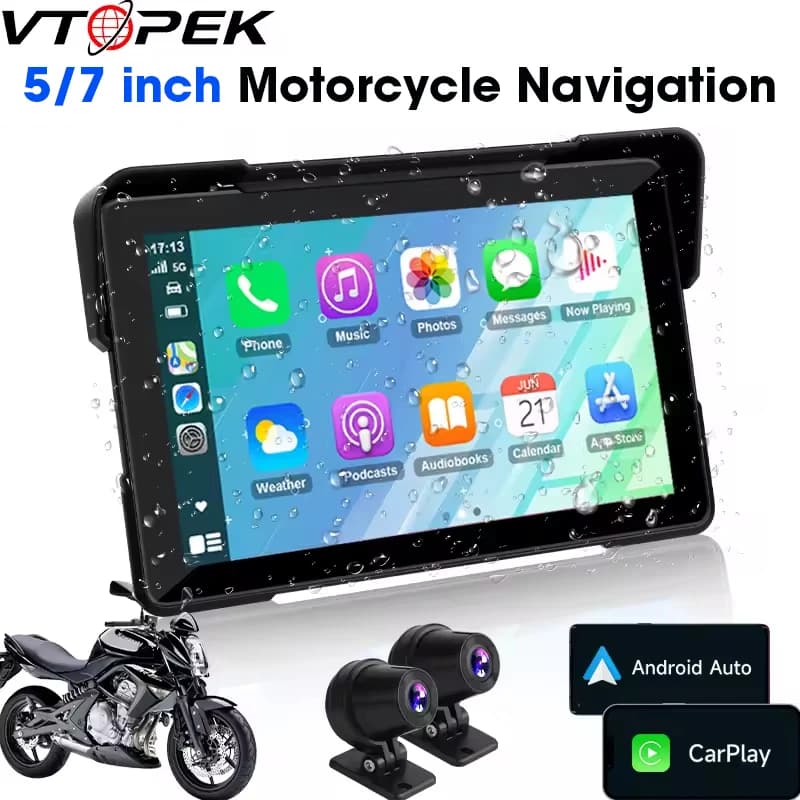 Vtopek 5"/7" inch Motorcycle DVR GPS Navigation Multimedia Player Wireless CarPlay Android Auto IPX7 Waterproof Screen Recorder