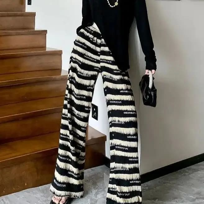 High Waist Drape Fold Tie-Dyed Wide-Leg Pants High Waist Striped Clothing Loose Trend All-Match Simplicity Pleated Straight Pant