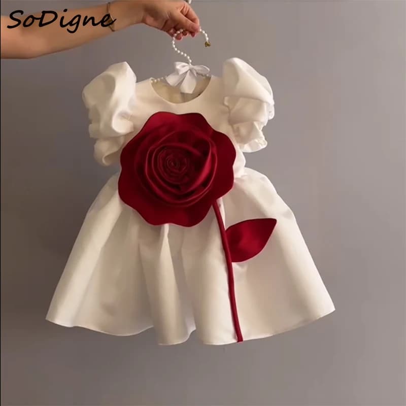 SoDigne A-line Satin Mini Flower Girl Dress Scoop Short Sleeves Princess Kid Gown 2025 Birthday Party Dresses Customized ﻿