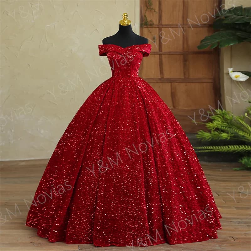 Y&M Novias Custom Plus Size Luxury Sequins Bow Off Shoulder Dark Red Quinceanera Dresses 15 Ball Gown For Party Vestido De Noiva