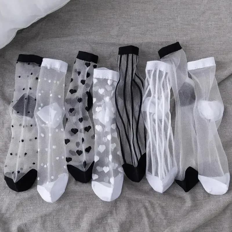 4pairs Transparent Glass Silk Stockings Children Socks Retro Polka-dot Love Vertical Bar Spring and Summer Thin Card Silk Japane
