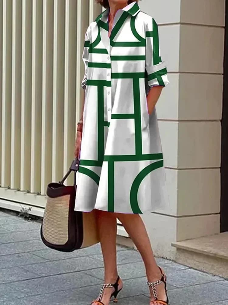 Green Geometric Stripe Print Fashion Elegant Lapel Long Sleeve Shirt Dress Harajuku Street Trend Fashion Men's Long Sleeve Dress