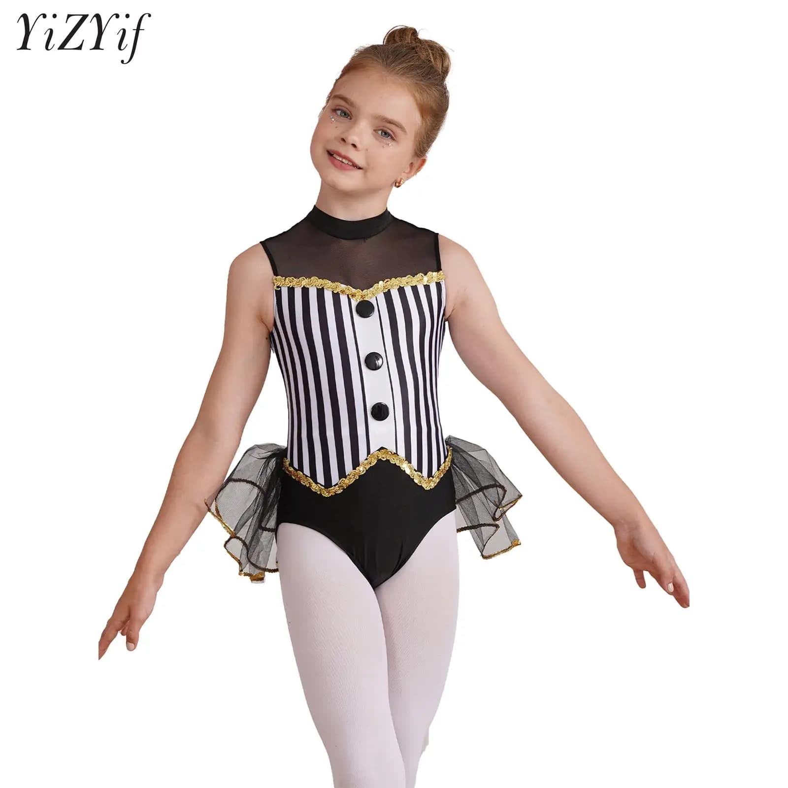 Kids Girls Gymnastic Leotard Ballet Dance Costume Open Back Striped Leotard Tulle Skirted Bodysuit Ballerina Performance Dresses