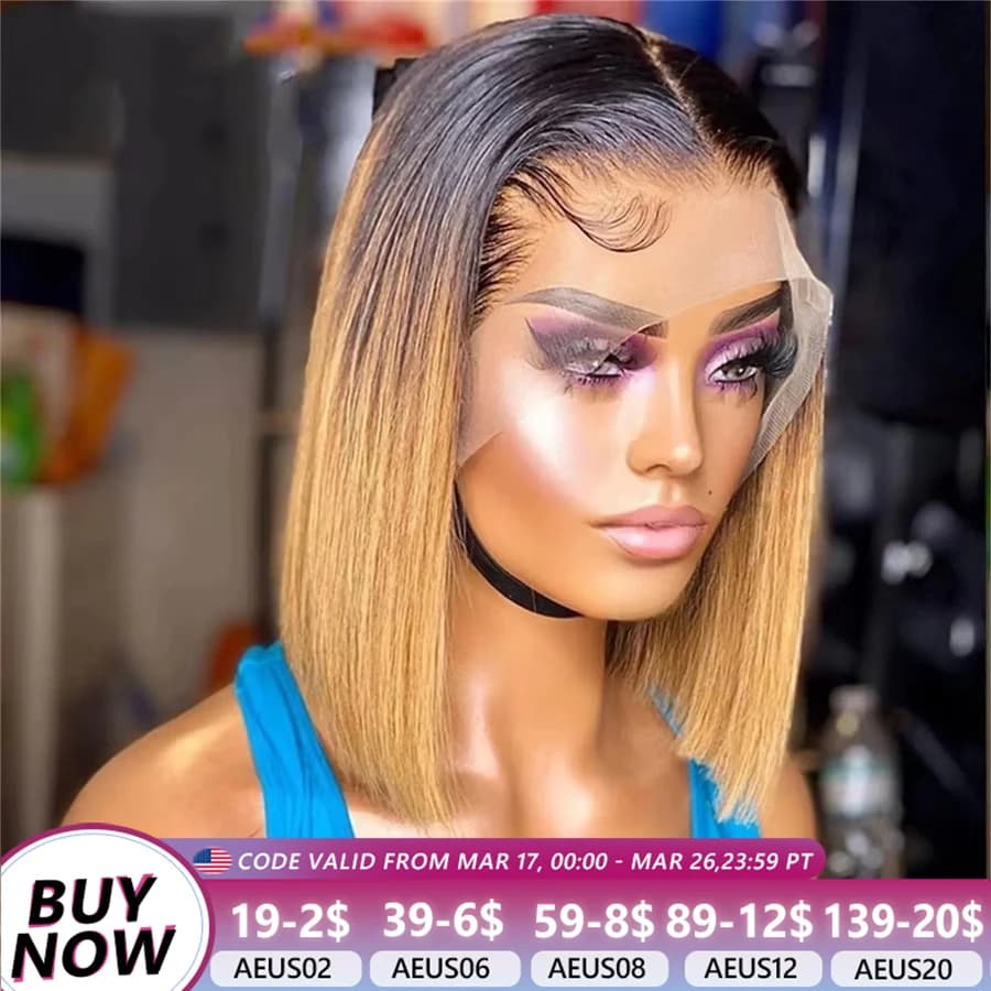 Ombre Honey Blonde T1B/27 Bob Wig Human Hair Preplucked Bob Wigs Colored 13x4 Lace Brown with Dark Roots Bob Wig