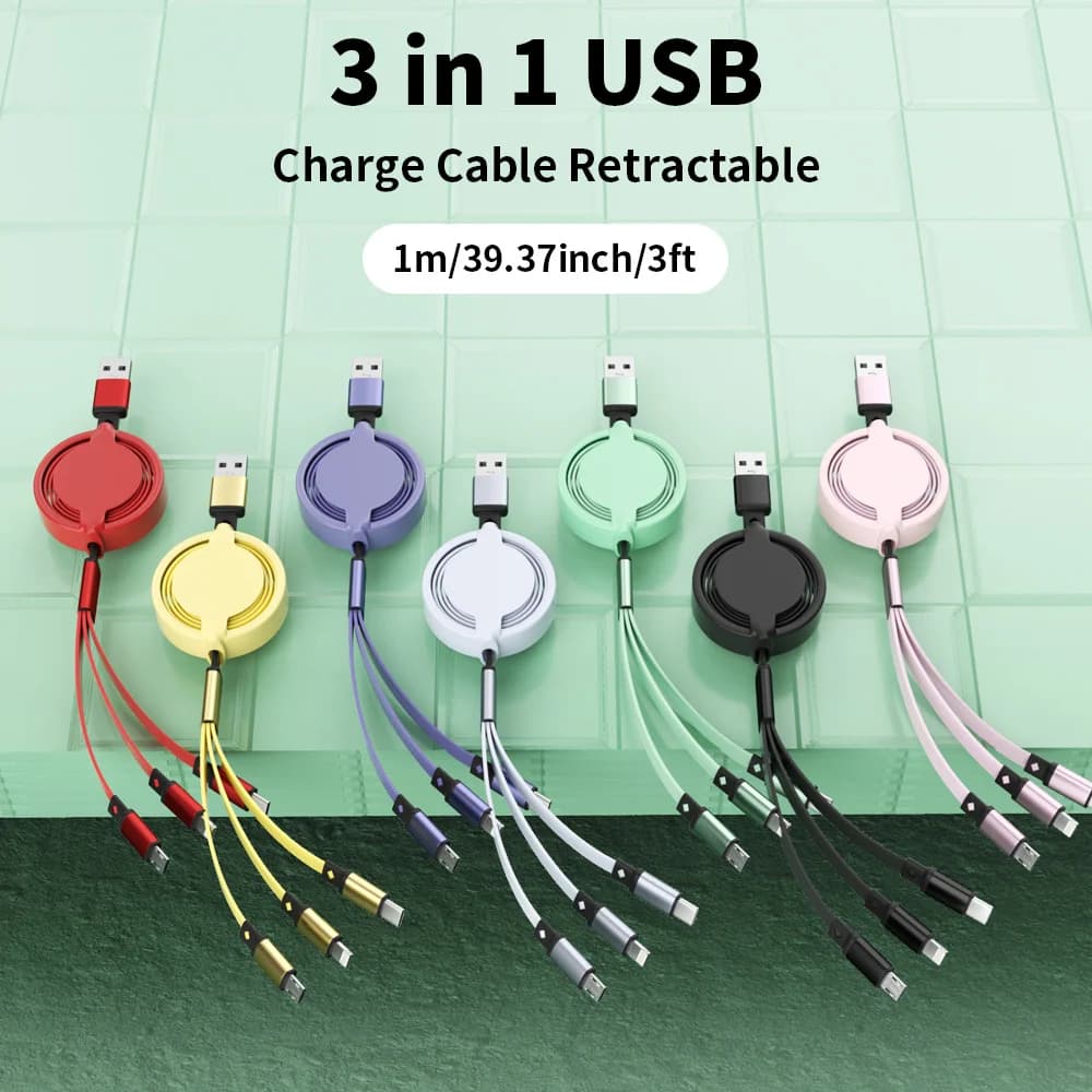 3 In 1 USB Cable  Retractable Data Cord For Iphone Samsung Huawei Xiaomi Multi Port Multiple Charging Wire