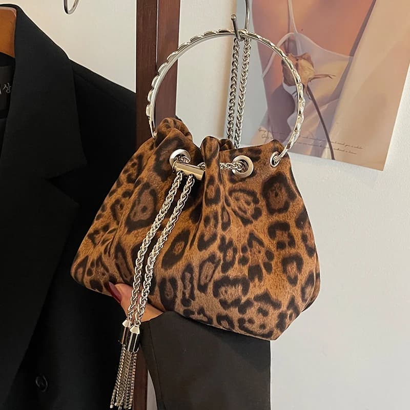Ring Handle Rhinestones Clutch Bag Retro Leopard Handbag Luxury Party Purse Drawstring Bucket Crossbody Mini Canvas Bags Brown