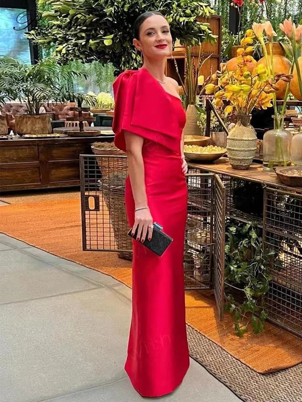 Elegant Prom Dresses Red Evening Party Long Dresses for Women One Shoulder Sleeveless Korean Spring Dress with Bow Customized