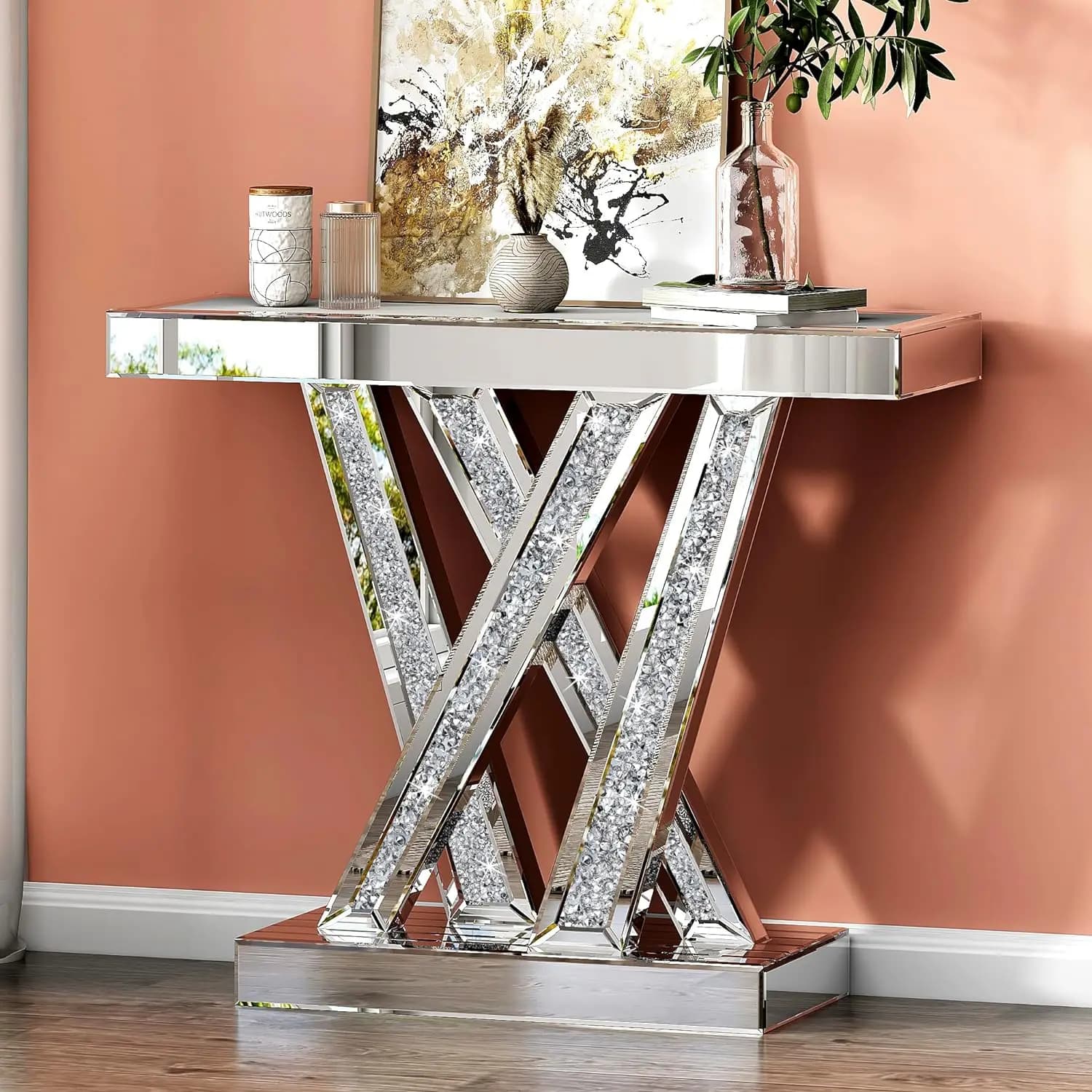 Modern Console Table Mirrored Finished, Glam Style W Silver Entryway Table Inlay with Sparkly Crushed Crystals, 35 inches Contem